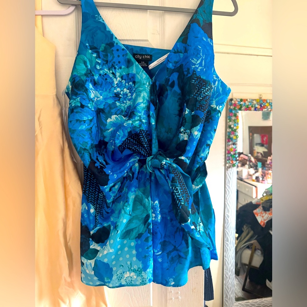 City Chic Blue Sleeveless Tie Front Tank Top